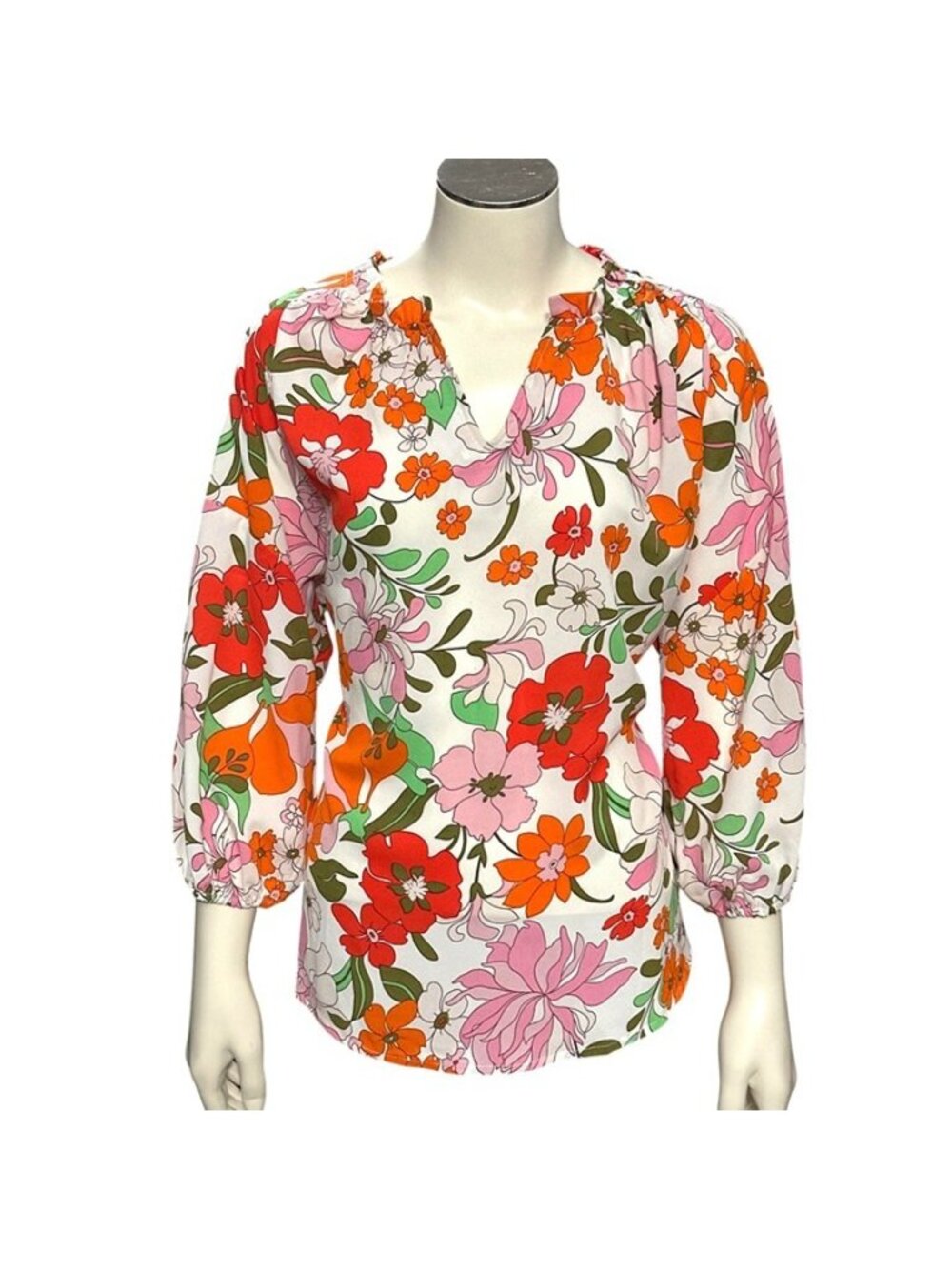 Floral Blouse Small Red Pink Orange Retro Style Lightweight Top Spring Chic
